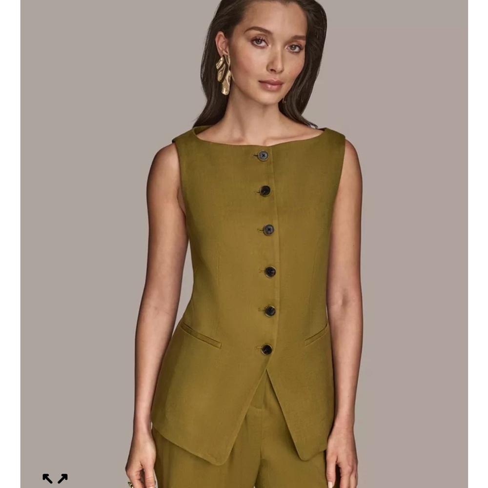 Donna Karen New York Smoky Olive Boat Neck Button Front Suit Vest Size 8 Medium